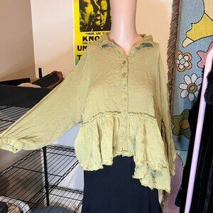 Free People Green Button Down Top